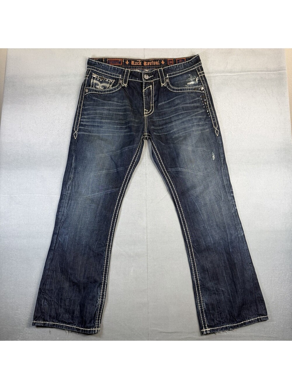 Rock Revival Jax Bootcut Jeans Mens 36 Blue Dark Distressed Studded Flap Pockets